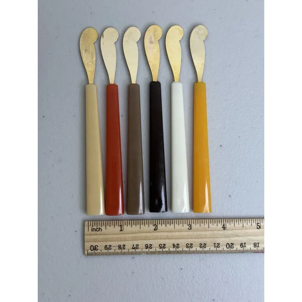 6 MCM Lucite Utensil Cheese Spreaders Bakelite Handles Gold Tone Stainless Steel